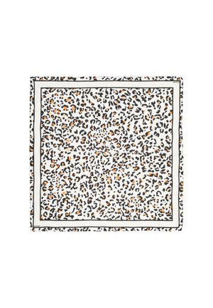 Square scarf with white background, black and orange leopard print, bordered by thin black lines.