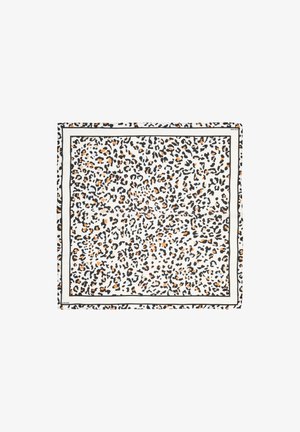 Foulard carré avec fond blanc, imprimé léopard noir et orange, bordé de fines lignes noires.