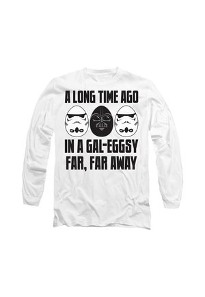 Weißes Langarmshirt mit schwarzem Text "Vor langer Zeit in einer Gal-Eier-xy weit, weit entfernten" und drei eiförmigen Star Wars Helmgesichtern.