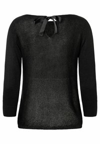 Schwarzer Strickpullover mit Dreiviertelärmeln, offenem Rücken und einer Ripsband-Dekoration am Hals. Texturierter Stoff mit lockerer Passform.