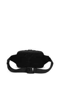 Black mesh waist bag with a rectangular shape, featuring a zip closure, adjustable strap, and embossed logo detail on the front.