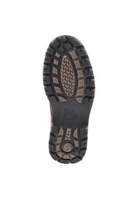 Semelle de chaussure en caoutchouc noir rugueux et texturé. Présente des rainures profondes et un accent circulaire pour une meilleure adhérence. Logo imprimé sur le côté.