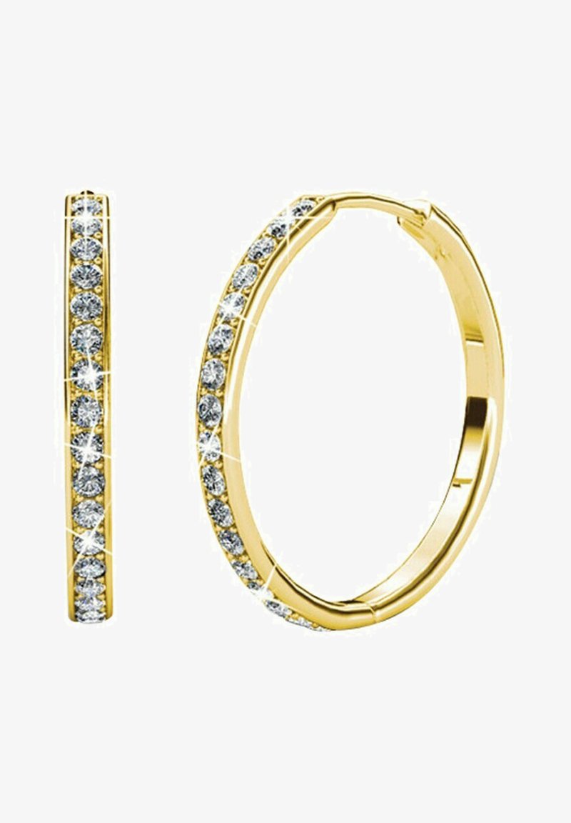 Goldene Creolenohrringe mit einer Reihe klarer Strasssteine entlang der Außenkante, glatte Oberfläche und runde Form.