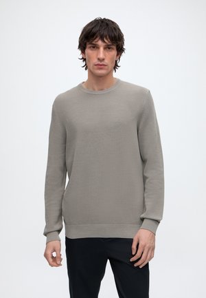 Man met donker haar die een lichtgrijze, getextureerde trui met lange mouwen en een zwarte broek draagt tegen een effen witte achtergrond.