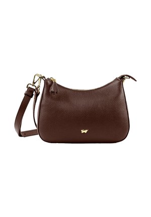 Borsa a mano in pelle marrone con forma arrotondata, superficie texture, hardware dorato e tracolla removibile, caratterizzata da un piccolo logo.