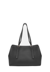 Borsa a tracolla nera in pelle con superficie texturizzata, due manici lunghi e chiusura con zip. Caratterizzata da dettagli hardware minimalisti.