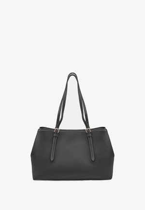 Borsa a tracolla nera in pelle con superficie texturizzata, due manici lunghi e chiusura con zip. Caratterizzata da dettagli hardware minimalisti.