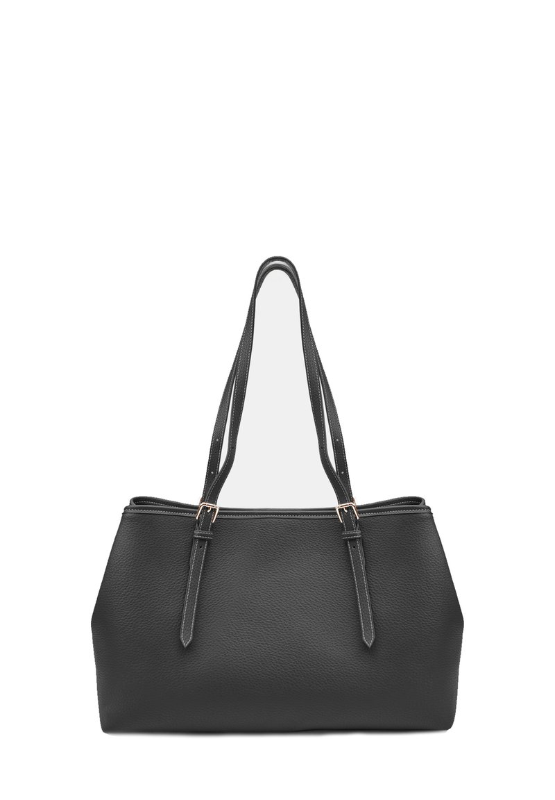 Borsa a tracolla nera in pelle con superficie texturizzata, due manici lunghi e chiusura con zip. Caratterizzata da dettagli hardware minimalisti.