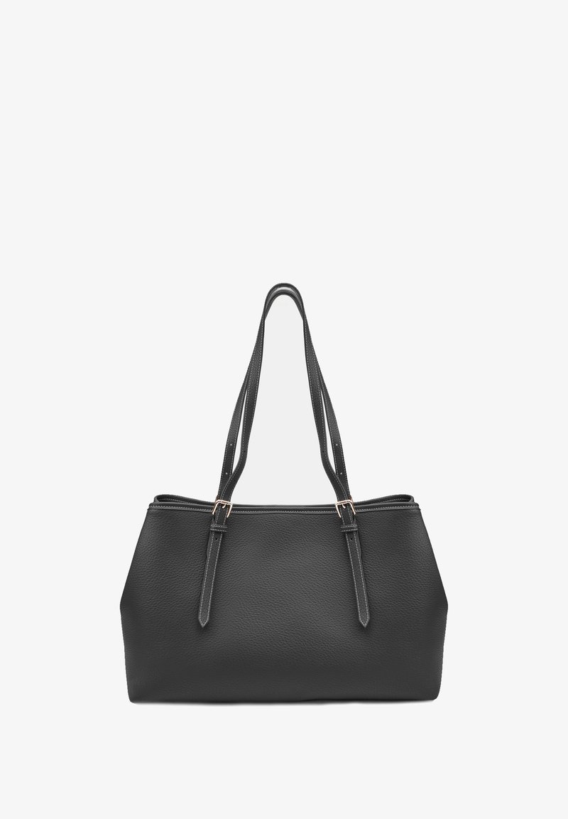 Borsa a tracolla nera in pelle con superficie texturizzata, due manici lunghi e chiusura con zip. Caratterizzata da dettagli hardware minimalisti.