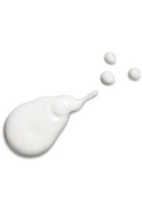 Creamy white lotion with a smooth, glossy texture, forming a larger droplet and three smaller beads against a white background.