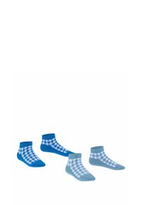 Zwei Paar karierter Knöchelsocken in Blau- und Hellblau-Tönen, mit kontrastierenden weißen Karomustern und gerippten Bündchen.