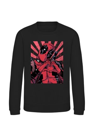 Sort sweatshirt med et rødt og sort tegneseriestil billede af Deadpool, der laver en hjerteform med hænderne foran.