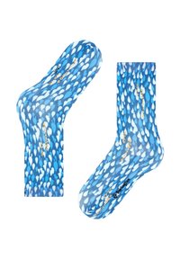 Blaue Socken mit einem Muster aus Wassertropfen in verschiedenen Blautönen. Auf den Socken steht in Gold die Aufschrift "Stay Positive".