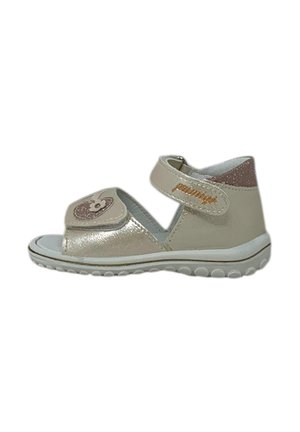 Sandalo beige con finitura lucida, cinturino regolabile in Velcro, punta rotonda e ornamento decorativo. Suola texturizzata per una buona aderenza.