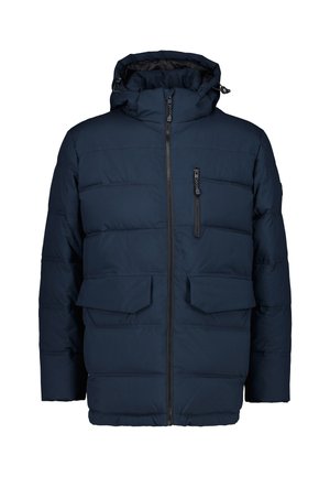 Donkerblauwe gewatteerde winterjas met capuchon, rits aan de voorkant, twee grote klepzakken en één verticale borstzak met rits.