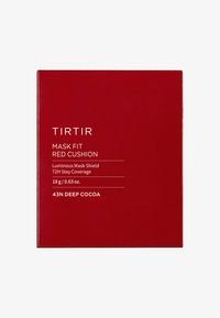 Emballage du coussin TIRTIR Mask Fit Red, boîte rouge avec texte blanc, indiquant "Luminous Mask Shield" et "43N Deep Cocoa", dimensions 18g.