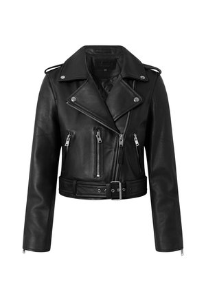 Giacca biker cropped in pelle nera con vita con cinturino, zip argentate sulle tasche frontali ed epaulette sulle spalle.