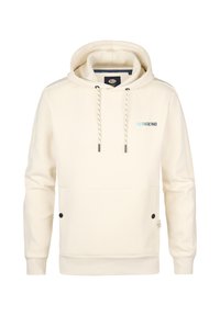 Kapuzensweatshirt aus cremefarbenem Stoff mit Kängurutasche, verstellbaren Kordeln und blauem "PETROLIND"-Logo. Verfügt über schwarze Akzente.