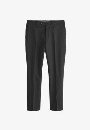 Black trousers made from lightweight fabric, featuring a straight-leg design, button closure, and front pockets. Smooth texture with no patterns.