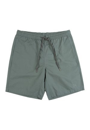 Pantaloncini alla ginocchia di colore grigio-verde con vita elasticizzata e coulisse, tasche laterali e piccolo logo ricamato nella parte inferiore della gamba destra.