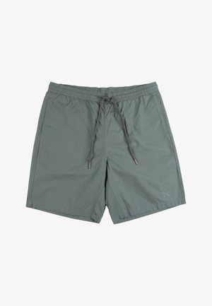 Pantaloncini alla ginocchia di colore grigio-verde con vita elasticizzata e coulisse, tasche laterali e piccolo logo ricamato nella parte inferiore della gamba destra.