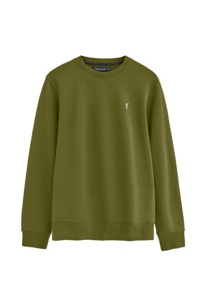 Felpa verde oliva a maniche lunghe con scollo a girocollo, piccolo logo bianco del giocatore di polo sul petto a sinistra, polsini e orlo a coste.