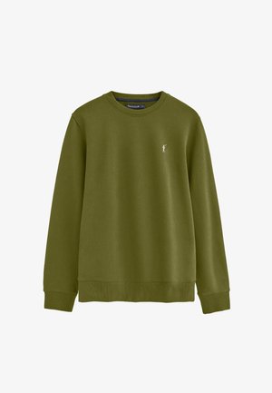 Olijfgroene sweatshirts met lange mouwen en een ronde hals, voorzien van een klein wit polo-spelerlogo op de linkerborst, geribbelde manchetten en zoom.