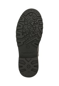 Suola di scarpa in gomma nera con un motivo di battistrada testurizzato, che presenta forme circolari e a stella. Logo "GEOX" incorporato nella suola.