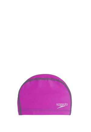 Cuffia da nuoto viola brillante con bordo grigio e logo Speedo bianco sul lato anteriore destro su sfondo bianco.