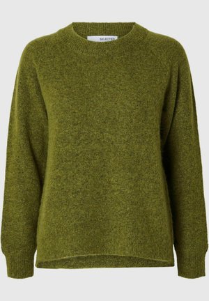 Groen gebreid sweater met een ronde hals, verlaagde schouders en een ontspannen pasvorm. Zachte textuur en een iets langere achterkant.