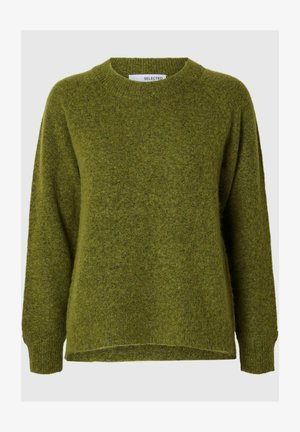Groen gebreid sweater met een ronde hals, verlaagde schouders en een ontspannen pasvorm. Zachte textuur en een iets langere achterkant.