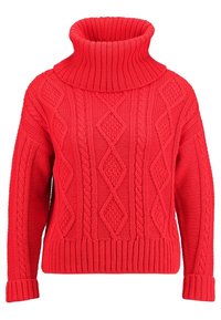 Červený pletený svetr s vysokým žebrovaným rolákem, zdobený diamantovým vzorem kabelového pletiva a žebrovanými manžetami a lemem pro texturovaný vzhled.