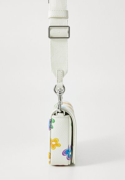 White leather bag with colorful flower patterns, featuring a textured surface and a sturdy white strap with a silver buckle.