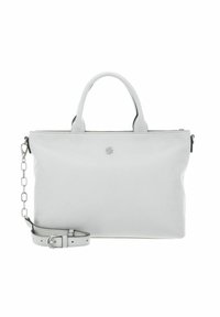 Borsa tote in pelle grigia con doppi manici, tracolla removibile e chiusura con zip. Ha una texture liscia e un design minimalista.