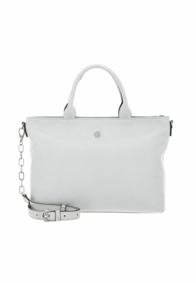 Borsa tote in pelle grigia con doppi manici, tracolla removibile e chiusura con zip. Ha una texture liscia e un design minimalista.