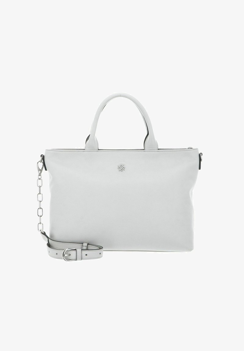 Sac fourre-tout en cuir gris avec deux poignées, bandoulière amovible et fermeture éclair. Il présente une texture lisse et un design minimaliste.