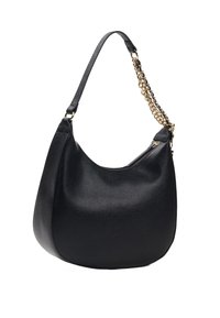 Czarna torba hobo z teksturowanej skóry ekologicznej. Posiada pojedynczy uchwyt oraz ozdobny łańcuszek na pasku. Zamek błyskawiczny na górze.
