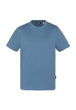 Blaues Baumwoll-T-Shirt mit rundem Ausschnitt und kurzen Ärmeln. Verfügt über ein kleines gesticktes Logo auf der Brust und einen geraden Saum.