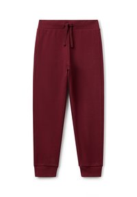 Bordeauxfarbene Jogginghosen mit geripptem Bund, Kordelzug und gerippten Knöchelbündchen, flach auf weißem Hintergrund präsentiert.