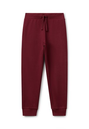 Bordeauxfarbene Jogginghosen mit geripptem Bund, Kordelzug und gerippten Knöchelbündchen, flach auf weißem Hintergrund präsentiert.