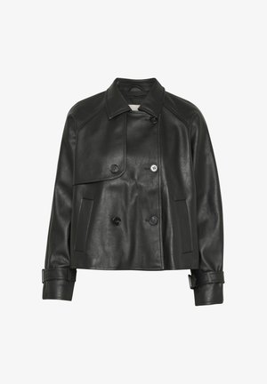 Black leather double-breasted jacket with a wide collar, button closures, side pockets, and adjustable cuffs. Smooth texture with a slight sheen.