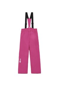 Rosa snöbyxor för barn med justerbara svarta hängslen, elastisk midja och en liten vit logotyp på vänster ben.