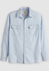 Camicia a righe blu in tessuto morbido; presenta due tasche sul petto, un colletto a punta e una vestibilità comoda con maniche lunghe.