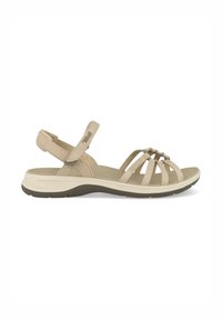 Beige sandalen met een platte zool, gemaakt van synthetisch materiaal. Beschikt over kruislings straps en een achterkantband voor ondersteuning. Rubberen zool.