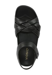 Zwarte leren sandaal met gekruiste banden, open teen en verstelbare enkelriem. Beschikt over een gevoerd voetbed en Vionic merk. 
