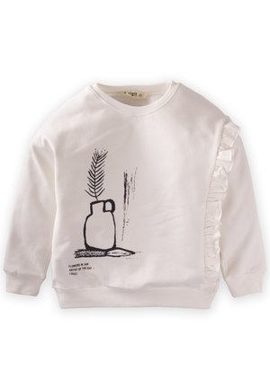 Weißes Sweatshirt mit einem schwarzen Umrissdruck eines Glases mit einer Pflanze. Rüschendetails an einer Seite verleihen Textur. Mischgewebe aus Baumwolle.