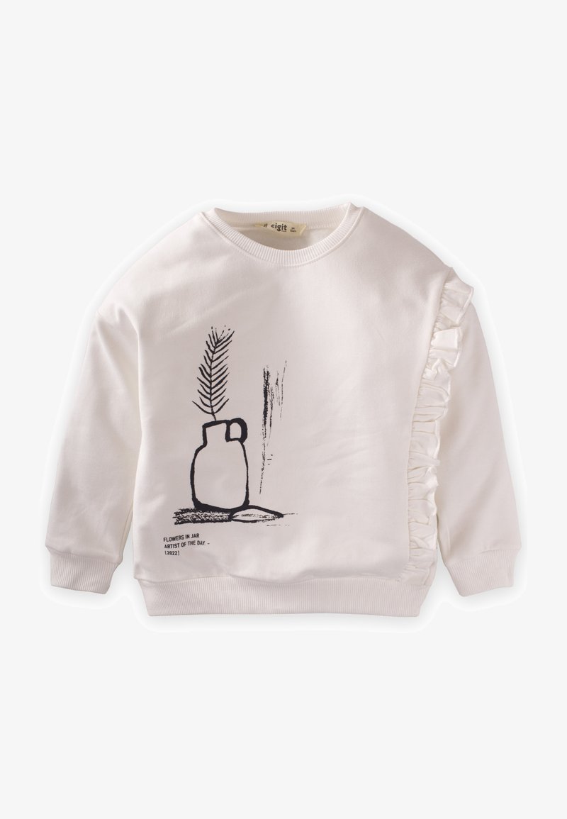 Sudadera blanca con un estampado contorneado en negro de un tarro con una planta. Los detalles de volantes a lo largo de un lado añaden textura. Material de mezcla de algodón.