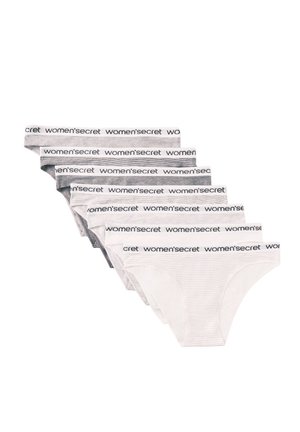 Siedem par damskiej bielizny w odcieniach szarości i bieli, z elastycznymi pasami w talii oznaczonymi napisem "women'secret".