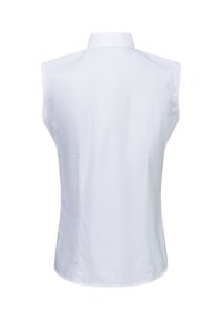 Wit mouwloos shirt met een bandkraag, gladde textuur en een getailleerd ontwerp. De achterkant heeft een eenvoudige, onversierde stijl.