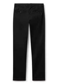 Pantalon en coton noir avec une coupe droite, doté de deux poches arrière avec des fermetures à bouton et d'une texture lisse.